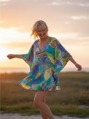 Emilio Pucci Multicolor Patchwork V-Neck Tunic — Blue, Green, Yellow, Purple